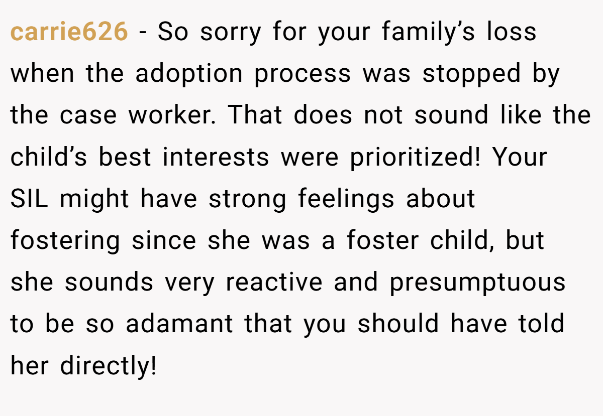 carrie626 − So sorry for your family’s loss when the adoption process was stopped by the case worker. That does not sound like the child’s best interests were prioritized! Your SIL might have strong feelings about fostering since she was a foster child, but she sounds very reactive and presumptuous to be so adamant that you should have told her directly!