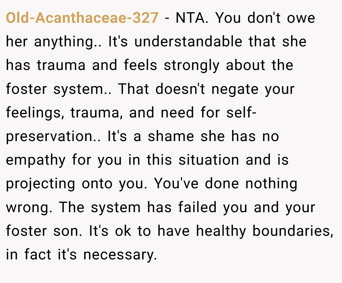 Old-Acanthaceae-327 − NTA. You don't owe her anything.. It's understandable that she has trauma and feels strongly about the foster system.. That doesn't negate your feelings, trauma, and need for self-preservation.. It's a shame she has no empathy for you in this situation and is projecting onto you. You've done nothing wrong. The system has failed you and your foster son. It's ok to have healthy boundaries, in fact it's necessary.