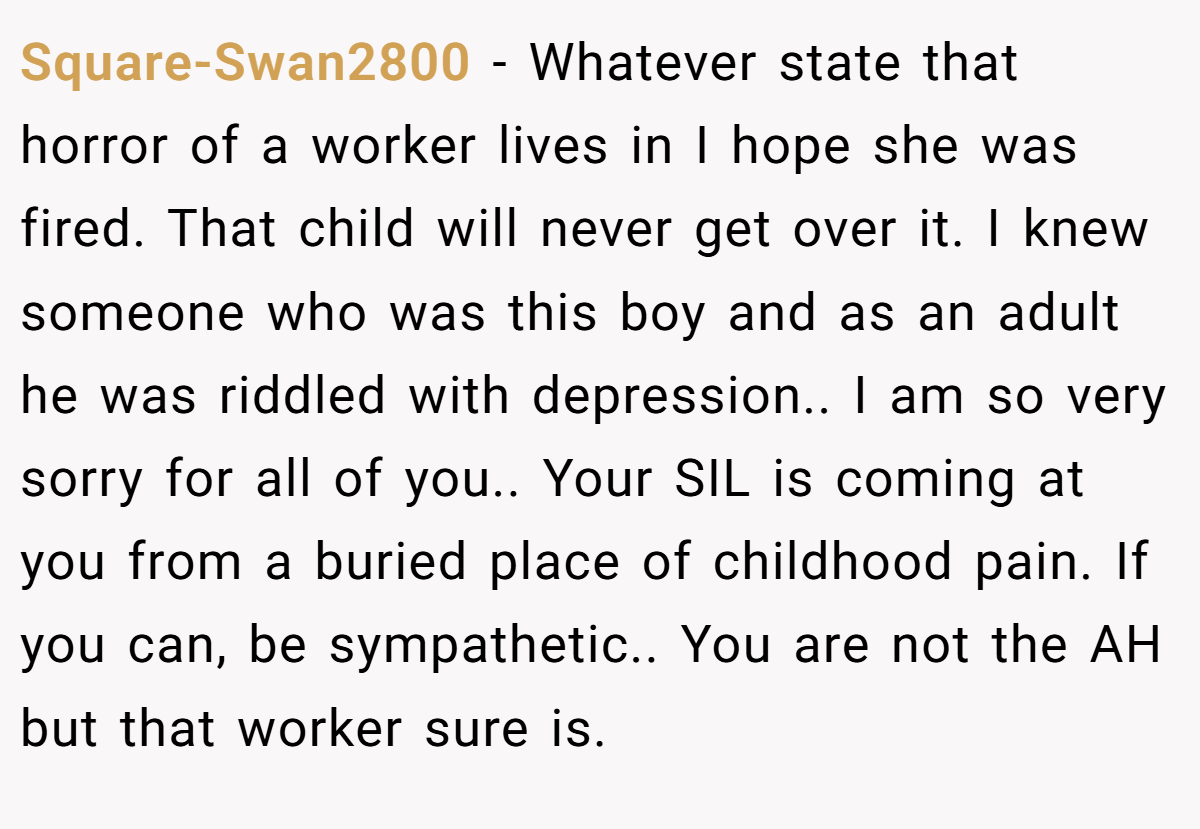 Square-Swan2800 − Whatever state that horror of a worker lives in I hope she was fired. That child will never get over it. I knew someone who was this boy and as an adult he was riddled with depression.. I am so very sorry for all of you.. Your SIL is coming at you from a buried place of childhood pain. If you can, be sympathetic.. You are not the AH but that worker sure is.