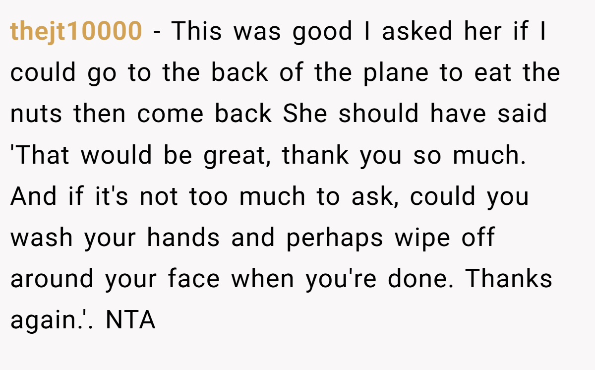 thejt10000 − This was good I asked her if I could go to the back of the plane to eat the nuts then come back She should have said 'That would be great, thank you so much. And if it's not too much to ask, could you wash your hands and perhaps wipe off around your face when you're done. Thanks again.'. NTA