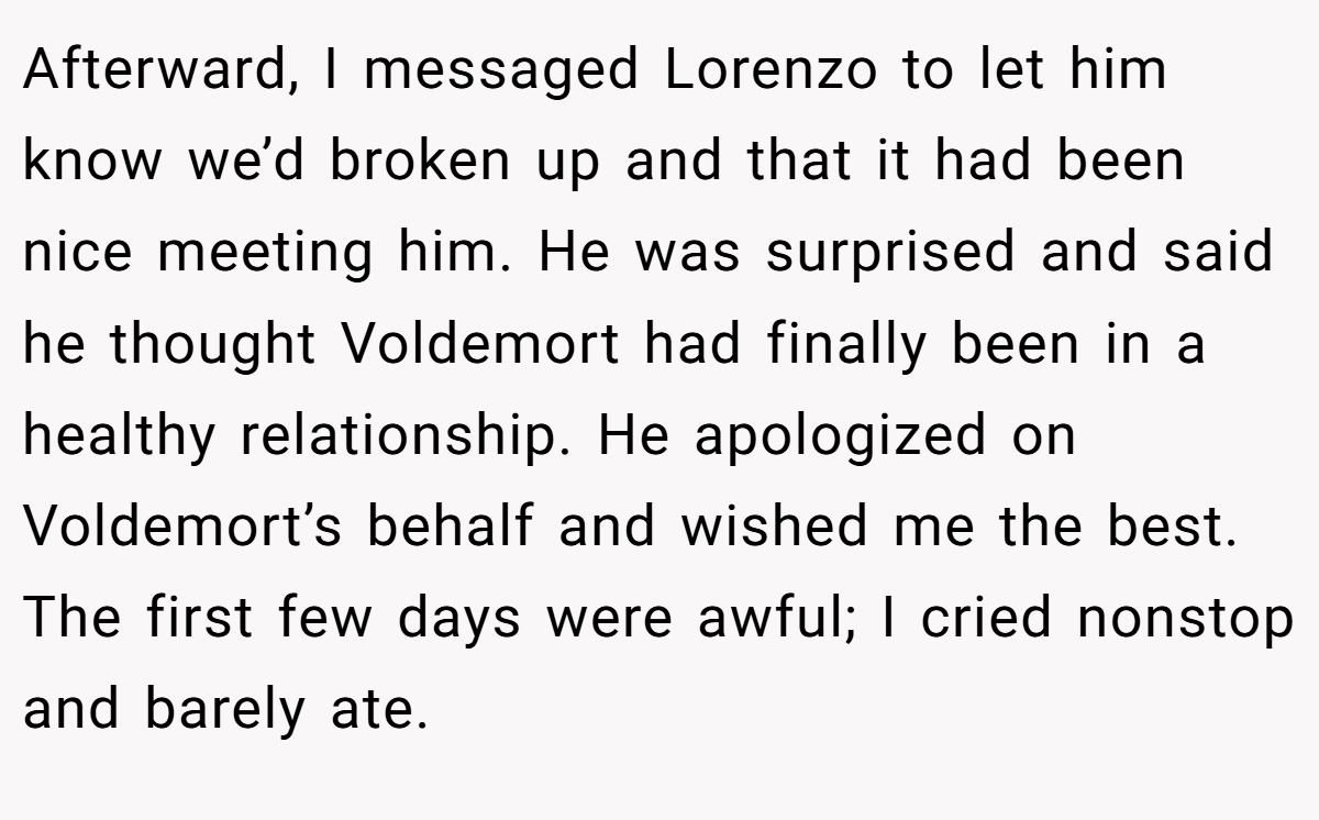 Afterward, I messaged Lorenzo to let him know we’d broken up and that it had been nice meeting him. He was surprised and said he thought Voldemort had finally been in a healthy relationship. He apologized on Voldemort’s behalf and wished me the best. The first few days were awful; I cried nonstop and barely ate.