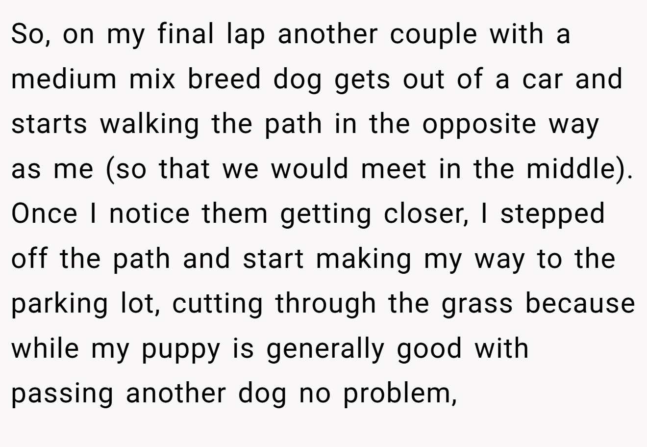 So, on my final lap another couple with a medium mix breed dog gets out of a car and starts walking the path in the opposite way as me (so that we would meet in the middle). Once I notice them getting closer, I stepped off the path and start making my way to the parking lot, cutting through the grass because while my puppy is generally good with passing another dog no problem,