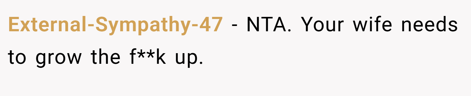 External-Sympathy-47 − NTA. Your wife needs to grow the f**k up.