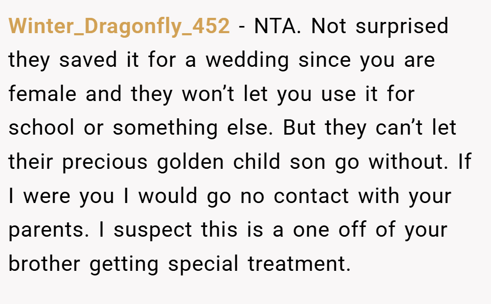 Winter_Dragonfly_452 − NTA. Not surprised they saved it for a wedding since you are female and they won’t let you use it for school or something else. But they can’t let their precious golden child son go without. If I were you I would go no contact with your parents. I suspect this is a one off of your brother getting special treatment.