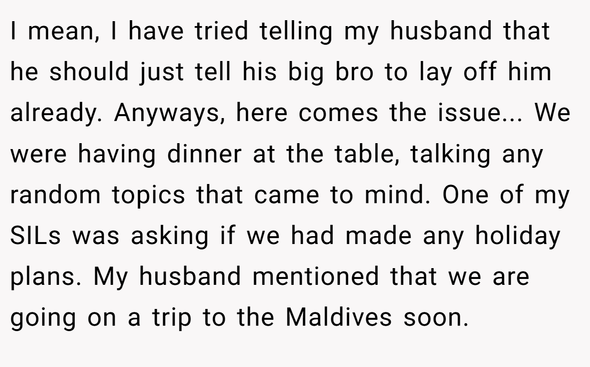 I mean, I have tried telling my husband that he should just tell his big bro to lay off him already. Anyways, here comes the issue... We were having dinner at the table, talking any random topics that came to mind. One of my SILs was asking if we had made any holiday plans. My husband mentioned that we are going on a trip to the Maldives soon.