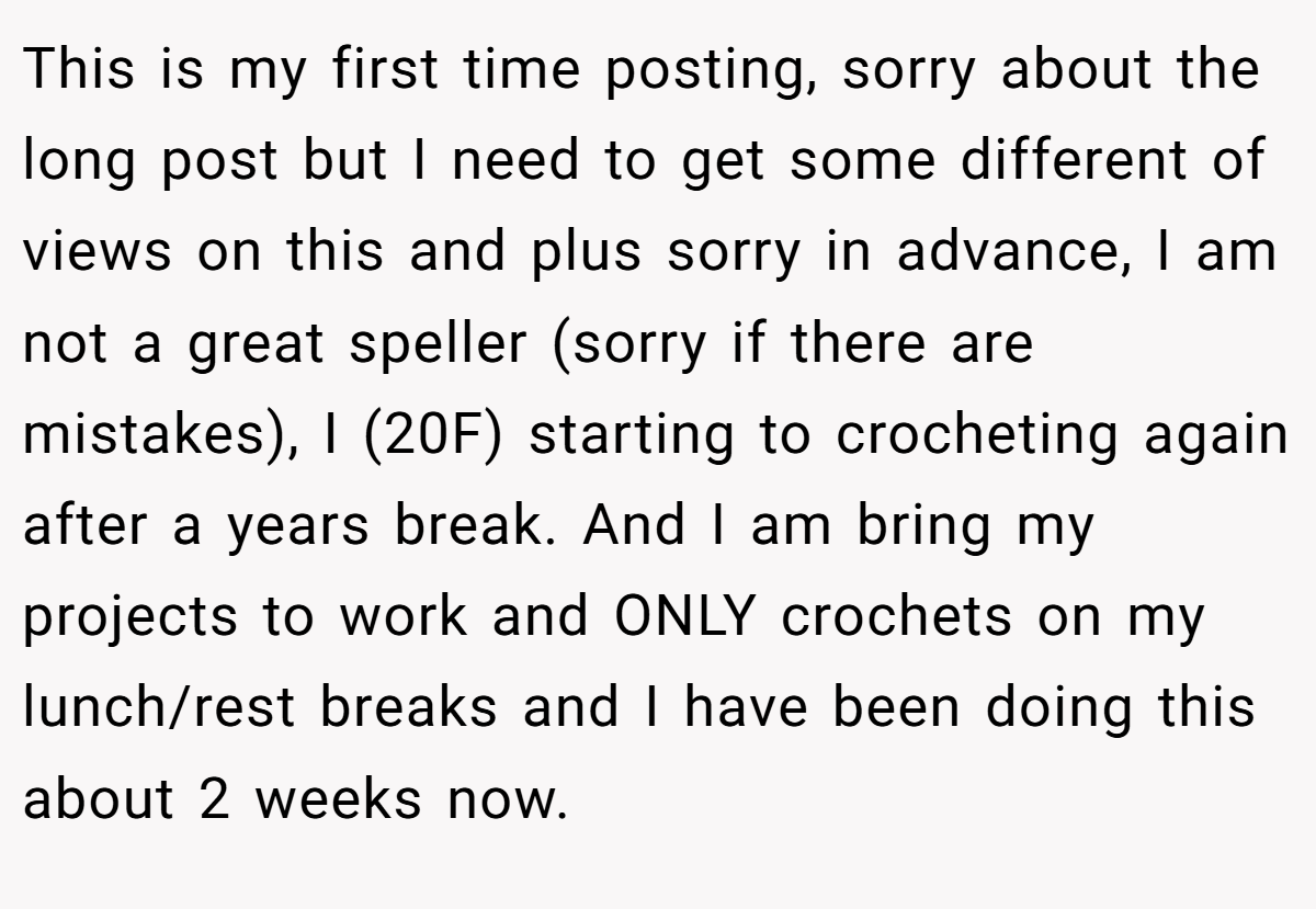 This is my first time posting, sorry about the long post but I need to get some different of views on this and plus sorry in advance, I am not a great speller (sorry if there are mistakes), I (20F) starting to crocheting again after a years break. And I am bring my projects to work and ONLY crochets on my lunch/rest breaks and I have been doing this about 2 weeks now.