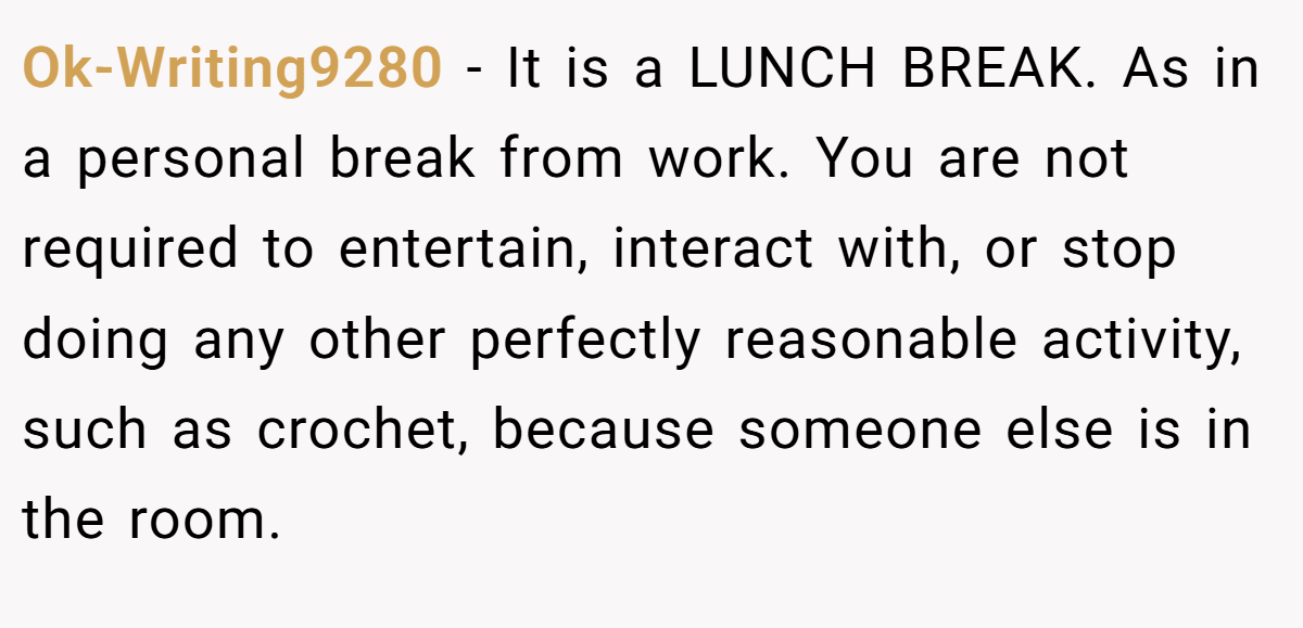 Ok-Writing9280 − It is a LUNCH BREAK. As in a personal break from work. You are not required to entertain, interact with, or stop doing any other perfectly reasonable activity, such as crochet, because someone else is in the room.