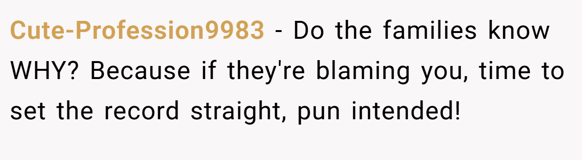 Cute-Profession9983 − Do the families know WHY? Because if they're blaming you, time to set the record straight, pun intended!