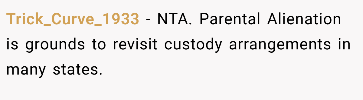 Trick_Curve_1933 − NTA. Parental Alienation is grounds to revisit custody arrangements in many states.