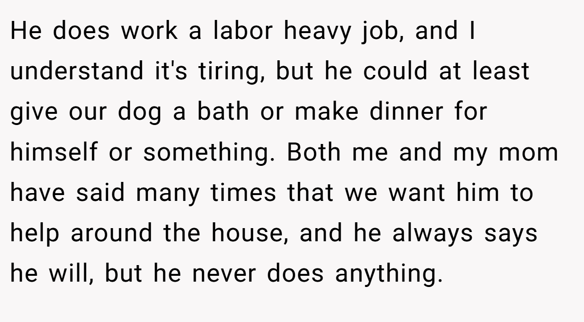 He does work a labor heavy job, and I understand it's tiring, but he could at least give our dog a bath or make dinner for himself or something. Both me and my mom have said many times that we want him to help around the house, and he always says he will, but he never does anything.