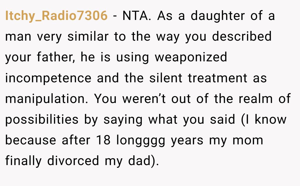 Itchy_Radio7306 − NTA. As a daughter of a man very similar to the way you described your father, he is using weaponized incompetence and the silent treatment as manipulation. You weren’t out of the realm of possibilities by saying what you said (I know because after 18 longggg years my mom finally divorced my dad).