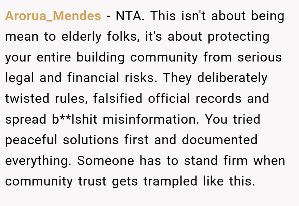 Arorua_Mendes − NTA. This isn't about being mean to elderly folks, it's about protecting your entire building community from serious legal and financial risks. They deliberately twisted rules, falsified official records and spread b**lshit misinformation. You tried peaceful solutions first and documented everything. Someone has to stand firm when community trust gets trampled like this.