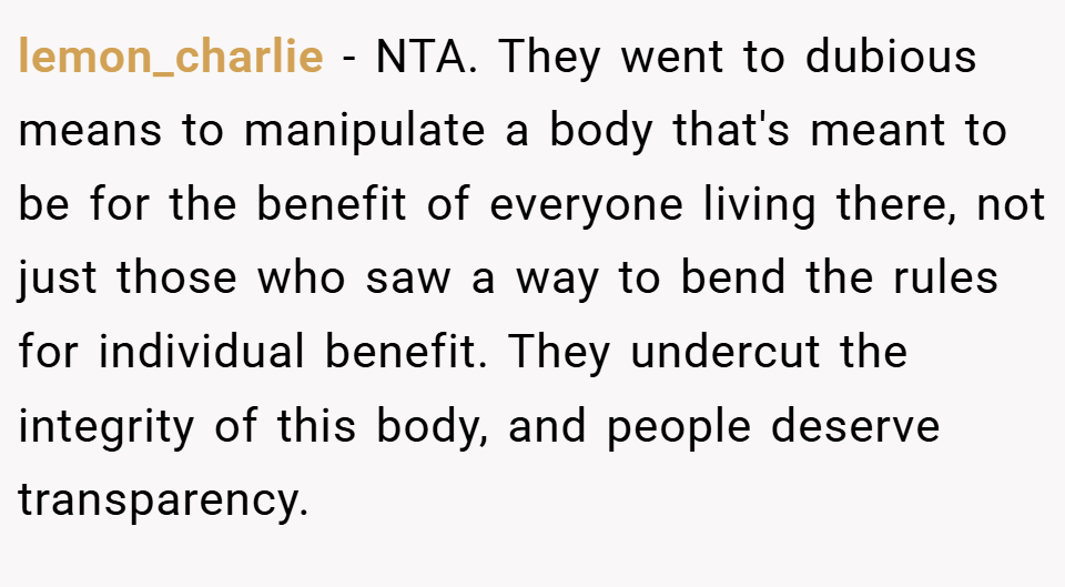 lemon_charlie − NTA. They went to dubious means to manipulate a body that's meant to be for the benefit of everyone living there, not just those who saw a way to bend the rules for individual benefit. They undercut the integrity of this body, and people deserve transparency.