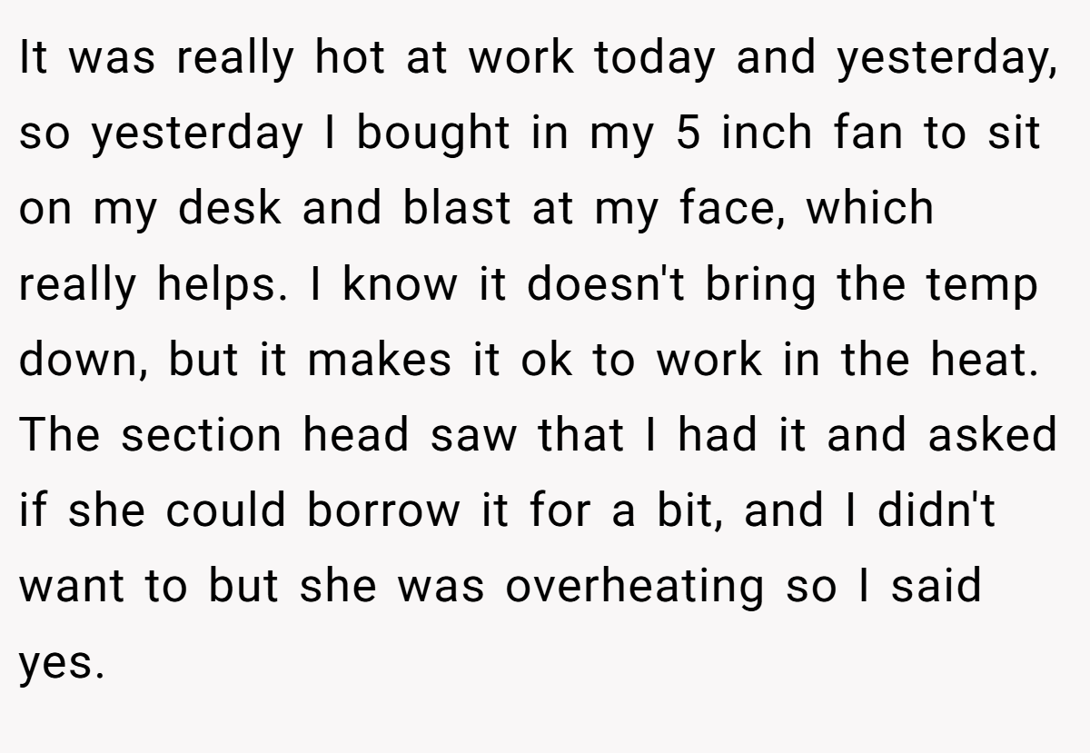 It was really hot at work today and yesterday, so yesterday I bought in my 5 inch fan to sit on my desk and blast at my face, which really helps. I know it doesn't bring the temp down, but it makes it ok to work in the heat. The section head saw that I had it and asked if she could borrow it for a bit, and I didn't want to but she was overheating so I said yes.