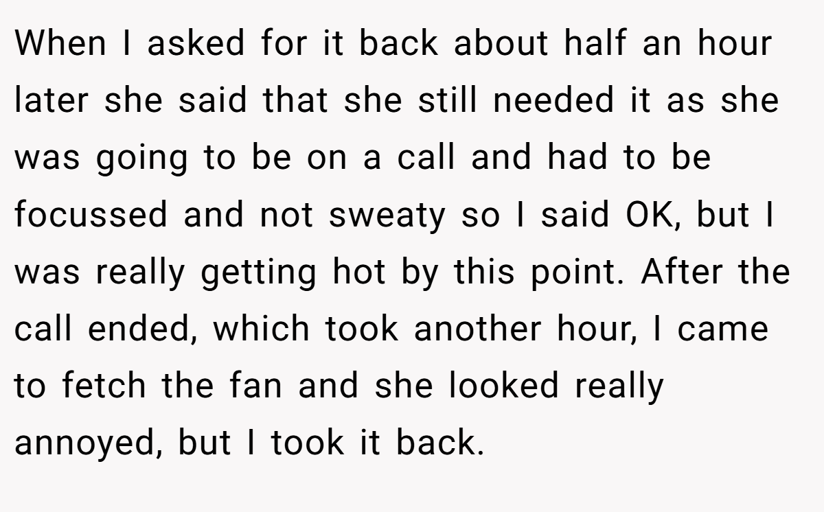 When I asked for it back about half an hour later she said that she still needed it as she was going to be on a call and had to be focussed and not sweaty so I said OK, but I was really getting hot by this point. After the call ended, which took another hour, I came to fetch the fan and she looked really annoyed, but I took it back.