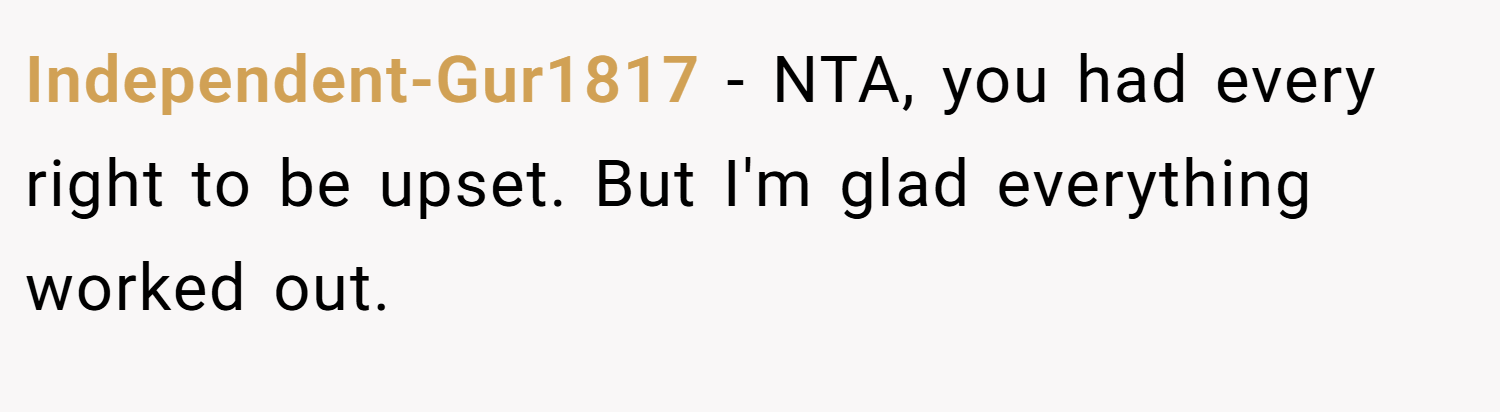 Independent-Gur1817 − NTA, you had every right to be upset. But I'm glad everything worked out.