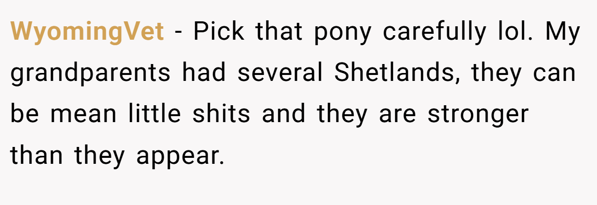 WyomingVet − Pick that pony carefully lol. My grandparents had several Shetlands, they can be mean little shits and they are stronger than they appear.