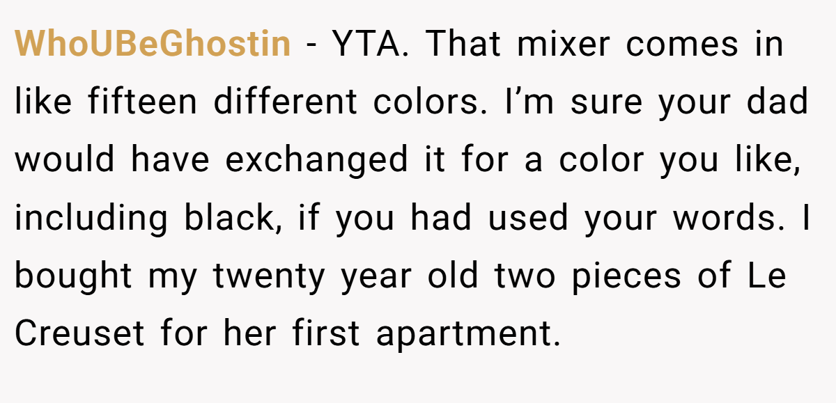 WhoUBeGhostin − YTA. That mixer comes in like fifteen different colors. I’m sure your dad would have exchanged it for a color you like, including black, if you had used your words. I bought my twenty year old two pieces of Le Creuset for her first apartment.