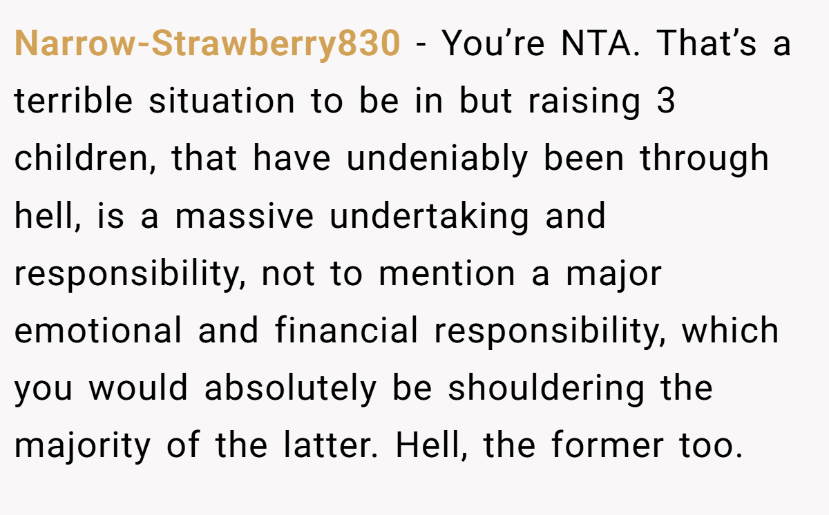 Narrow-Strawberry830 − You’re NTA. That’s a terrible situation to be in but raising 3 children, that have undeniably been through hell, is a massive undertaking and responsibility, not to mention a major emotional and financial responsibility, which you would absolutely be shouldering the majority of the latter. Hell, the former too.