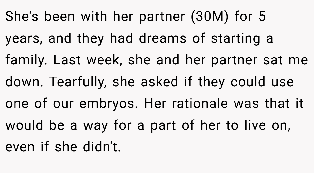 She's been with her partner (30M) for 5 years, and they had dreams of starting a family. Last week, she and her partner sat me down. Tearfully, she asked if they could use one of our embryos. Her rationale was that it would be a way for a part of her to live on, even if she didn't.