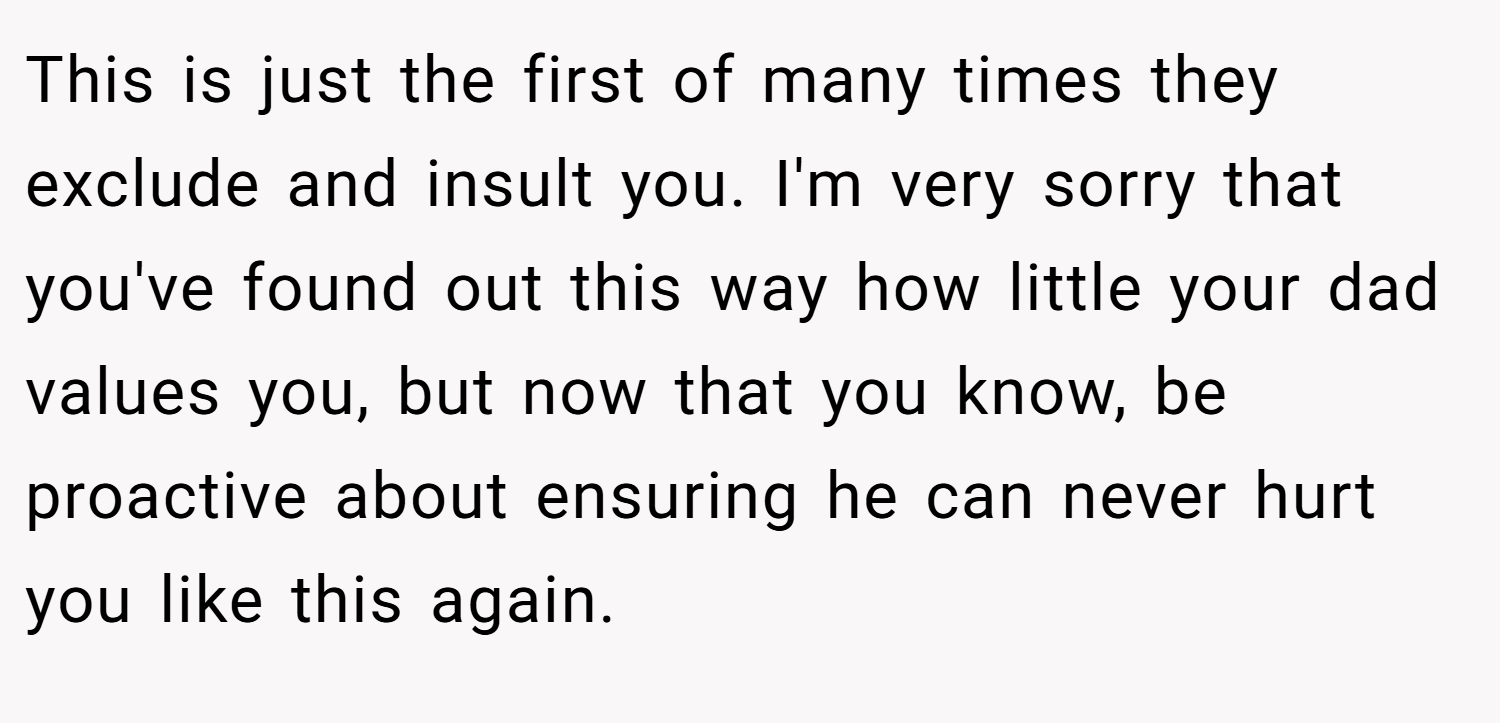 This is just the first of many times they exclude and insult you. I'm very sorry that you've found out this way how little your dad values you, but now that you know, be proactive about ensuring he can never hurt you like this again.