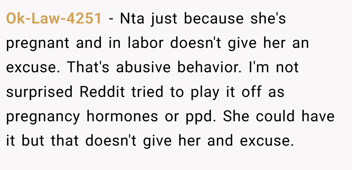 Ok-Law-4251 − Nta just because she's pregnant and in labor doesn't give her an excuse. That's abusive behavior. I'm not surprised Reddit tried to play it off as pregnancy hormones or ppd. She could have it but that doesn't give her and excuse.