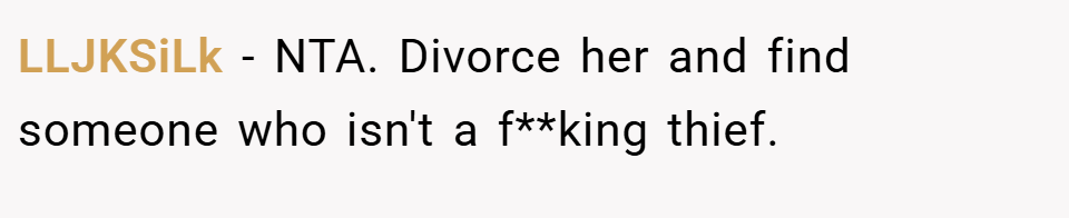 LLJKSiLk − NTA. Divorce her and find someone who isn't a f**king thief.