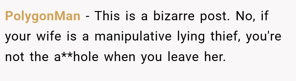 PolygonMan − This is a bizarre post. No, if your wife is a manipulative lying thief, you're not the a**hole when you leave her.