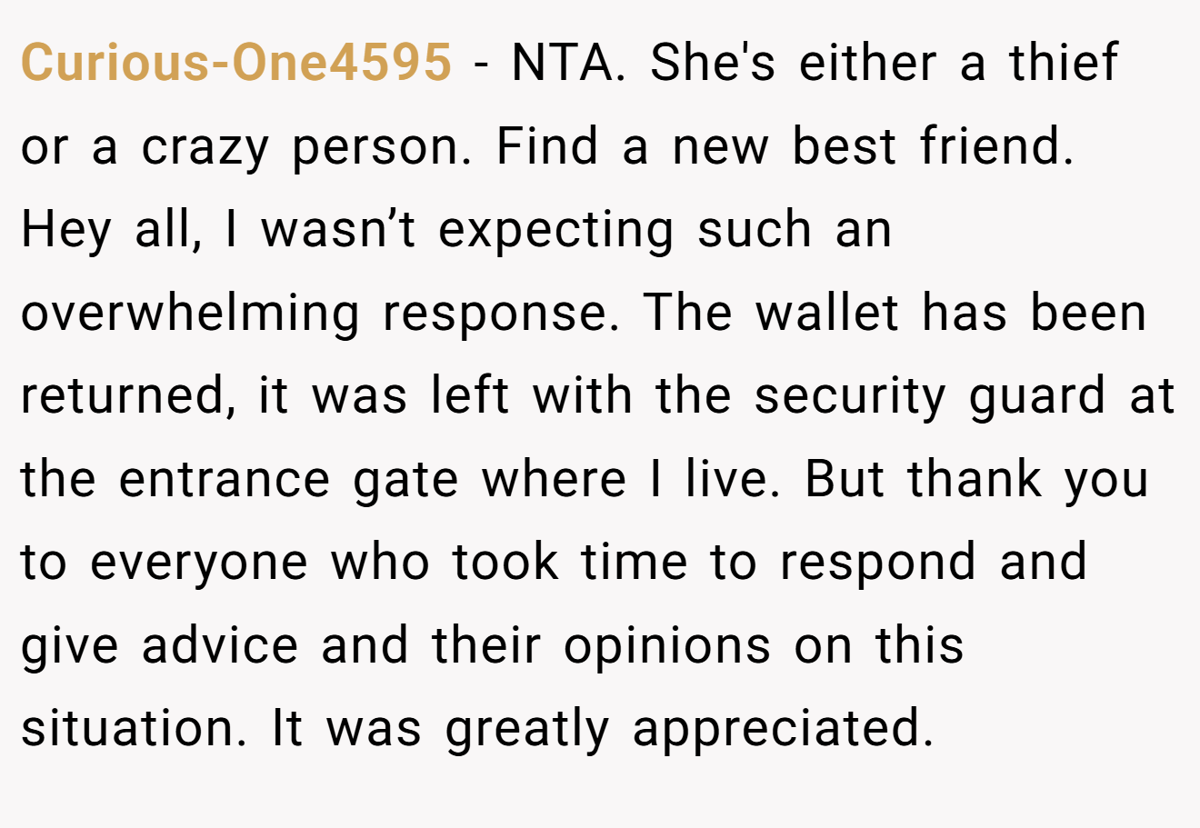 Curious-One4595 − NTA. She's either a thief or a crazy person. Find a new best friend. Hey all, I wasn’t expecting such an overwhelming response. The wallet has been returned, it was left with the security guard at the entrance gate where I live. But thank you to everyone who took time to respond and give advice and their opinions on this situation. It was greatly appreciated.
