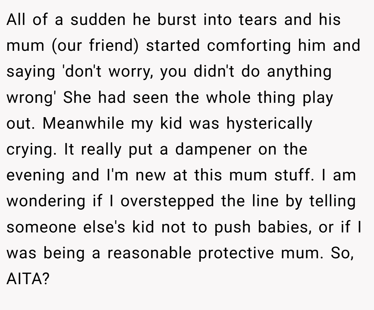All of a sudden he burst into tears and his mum (our friend) started comforting him and saying 'don't worry, you didn't do anything wrong' She had seen the whole thing play out. Meanwhile my kid was hysterically crying. It really put a dampener on the evening and I'm new at this mum stuff. I am wondering if I overstepped the line by telling someone else's kid not to push babies, or if I was being a reasonable protective mum. So, AITA?
