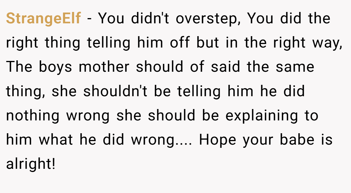 StrangeElf − You didn't overstep, You did the right thing telling him off but in the right way, The boys mother should of said the same thing, she shouldn't be telling him he did nothing wrong she should be explaining to him what he did wrong.... Hope your babe is alright!
