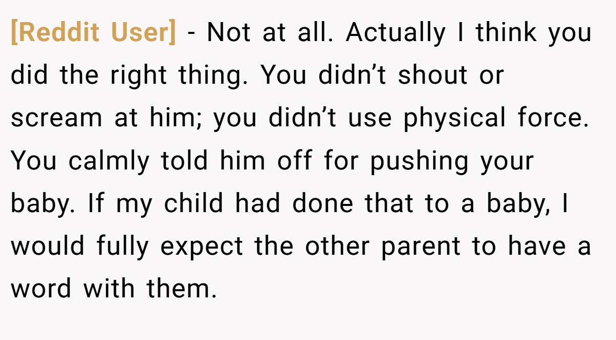 [Reddit User] − Not at all. Actually I think you did the right thing. You didn’t shout or scream at him; you didn’t use physical force. You calmly told him off for pushing your baby. If my child had done that to a baby, I would fully expect the other parent to have a word with them.