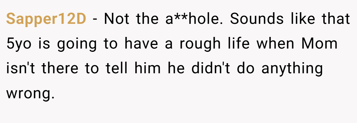 Sapper12D − Not the a**hole. Sounds like that 5yo is going to have a rough life when Mom isn't there to tell him he didn't do anything wrong.