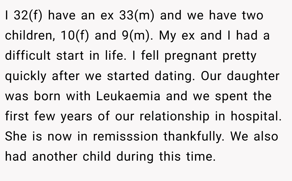 I 32(f) have an ex 33(m) and we have two children, 10(f) and 9(m). My ex and I had a difficult start in life. I fell pregnant pretty quickly after we started dating. Our daughter was born with Leukaemia and we spent the first few years of our relationship in hospital. She is now in remisssion thankfully. We also had another child during this time.