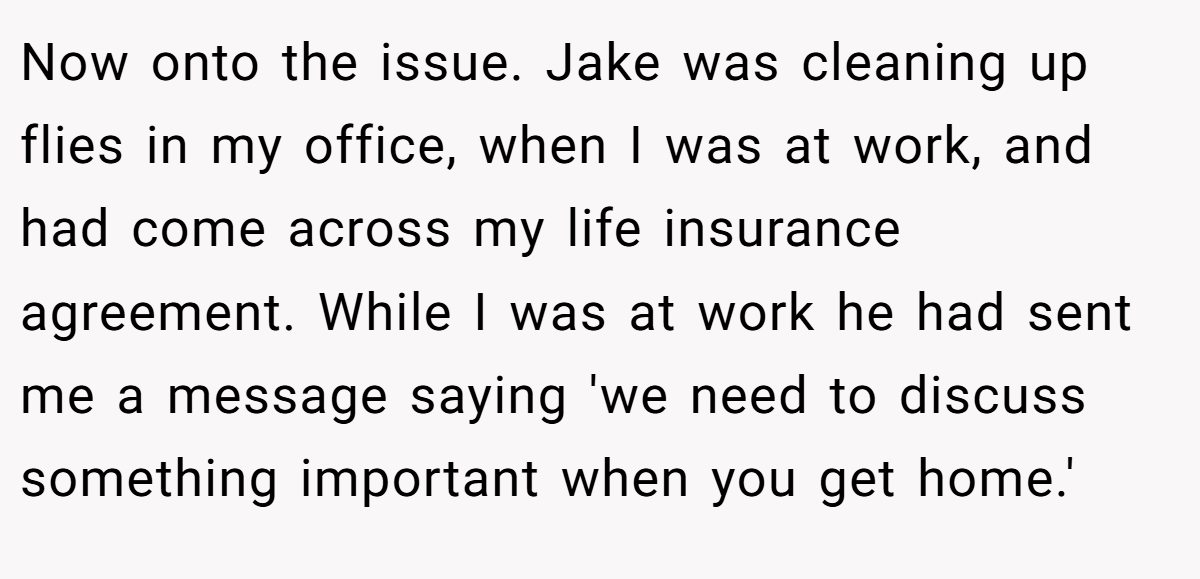 Now onto the issue. Jake was cleaning up flies in my office, when I was at work, and had come across my life insurance agreement. While I was at work he had sent me a message saying 'we need to discuss something important when you get home.'