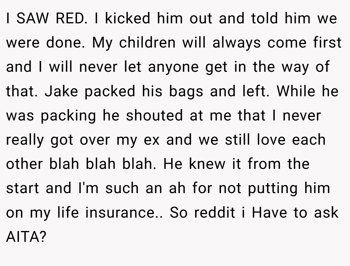 I SAW RED. I kicked him out and told him we were done. My children will always come first and I will never let anyone get in the way of that. Jake packed his bags and left. While he was packing he shouted at me that I never really got over my ex and we still love each other blah blah blah. He knew it from the start and I'm such an ah for not putting him on my life insurance.. So reddit i Have to ask AITA?