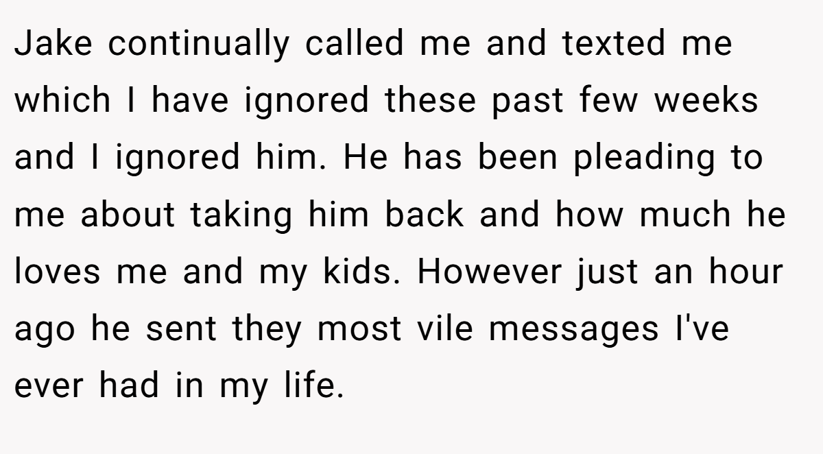 Jake continually called me and texted me which I have ignored these past few weeks and I ignored him. He has been pleading to me about taking him back and how much he loves me and my kids. However just an hour ago he sent they most vile messages I've ever had in my life.