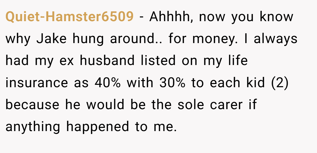 Quiet-Hamster6509 − Ahhhh, now you know why Jake hung around.. for money. I always had my ex husband listed on my life insurance as 40% with 30% to each kid (2) because he would be the sole carer if anything happened to me.