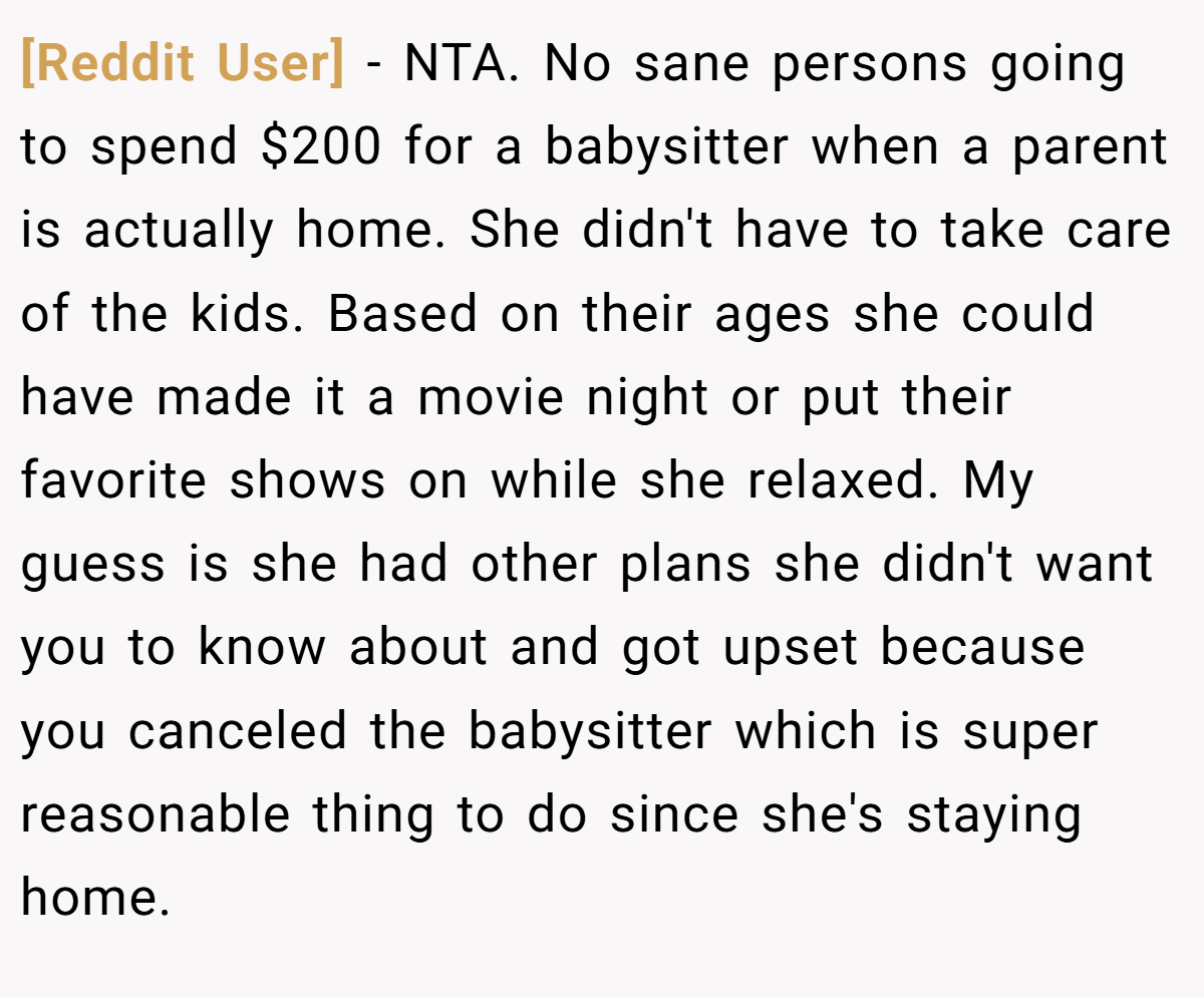 [Reddit User] − NTA. No sane persons going to spend $200 for a babysitter when a parent is actually home. She didn't have to take care of the kids. Based on their ages she could have made it a movie night or put their favorite shows on while she relaxed. My guess is she had other plans she didn't want you to know about and got upset because you canceled the babysitter which is super reasonable thing to do since she's staying home.