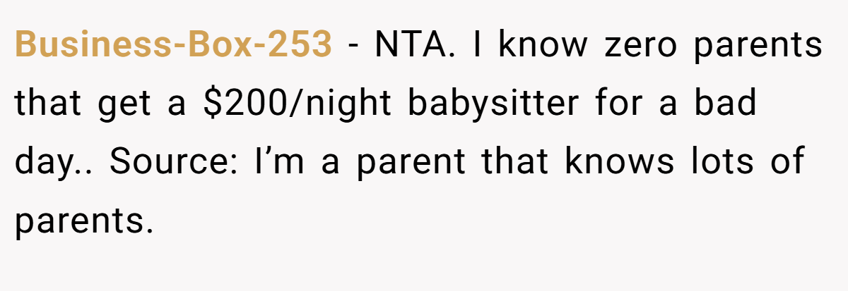 Business-Box-253 − NTA. I know zero parents that get a $200/night babysitter for a bad day.. Source: I’m a parent that knows lots of parents.