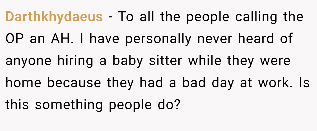 Darthkhydaeus − To all the people calling the OP an AH. I have personally never heard of anyone hiring a baby sitter while they were home because they had a bad day at work. Is this something people do?