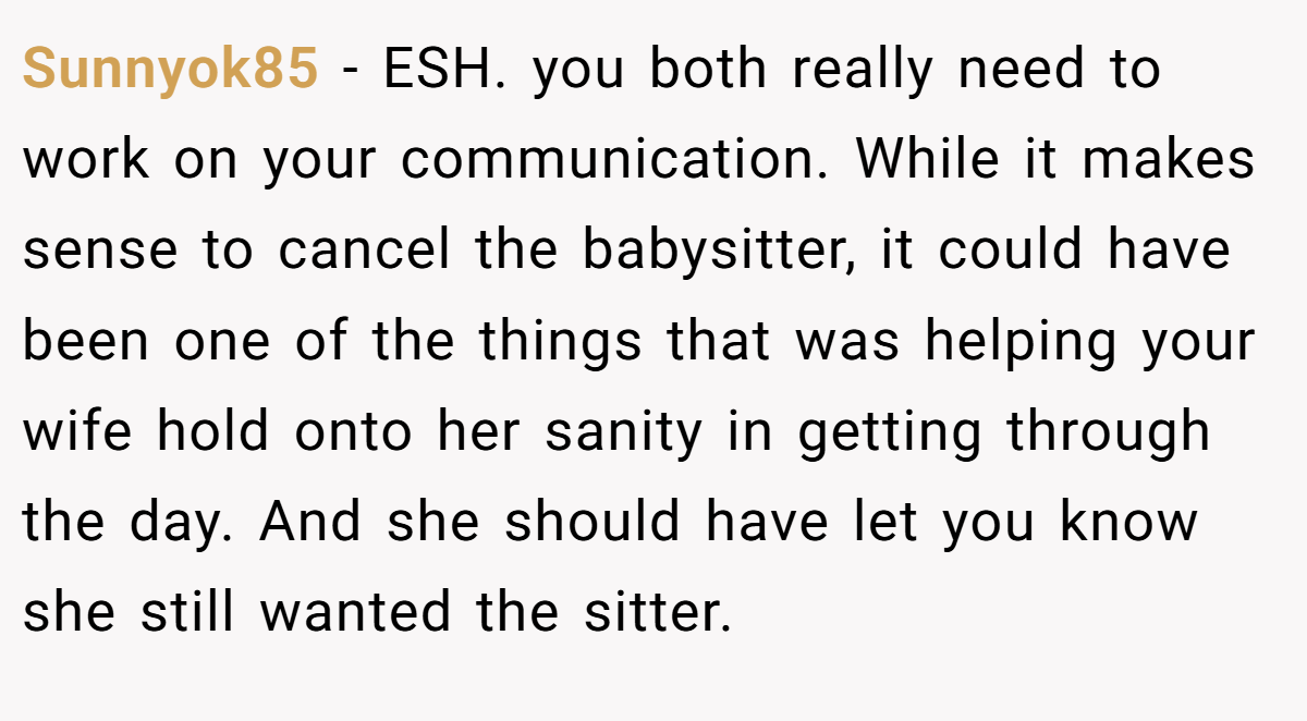 Sunnyok85 − ESH. you both really need to work on your communication. While it makes sense to cancel the babysitter, it could have been one of the things that was helping your wife hold onto her sanity in getting through the day. And she should have let you know she still wanted the sitter.