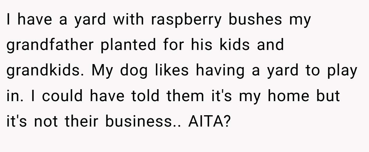 I have a yard with raspberry bushes my grandfather planted for his kids and grandkids. My dog likes having a yard to play in. I could have told them it's my home but it's not their business.. AITA?