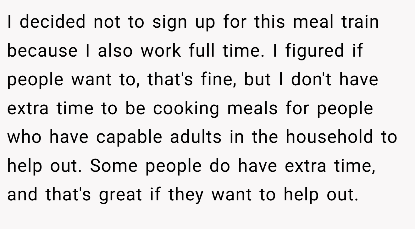 I decided not to sign up for this meal train because I also work full time. I figured if people want to, that's fine, but I don't have extra time to be cooking meals for people who have capable adults in the household to help out. Some people do have extra time, and that's great if they want to help out.
