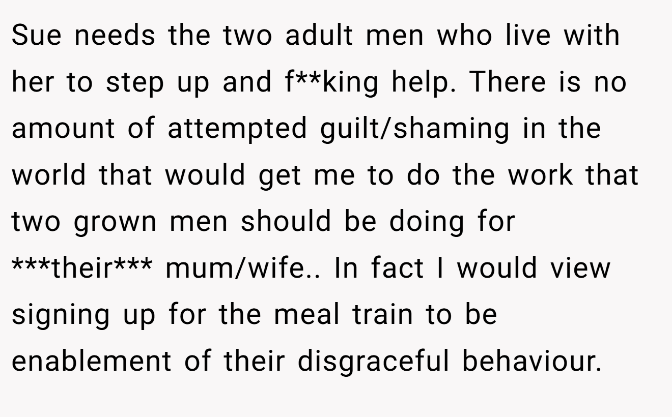 Sue needs the two adult men who live with her to step up and f**king help. There is no amount of attempted guilt/shaming in the world that would get me to do the work that two grown men should be doing for ***their*** mum/wife.. In fact I would view signing up for the meal train to be enablement of their disgraceful behaviour.
