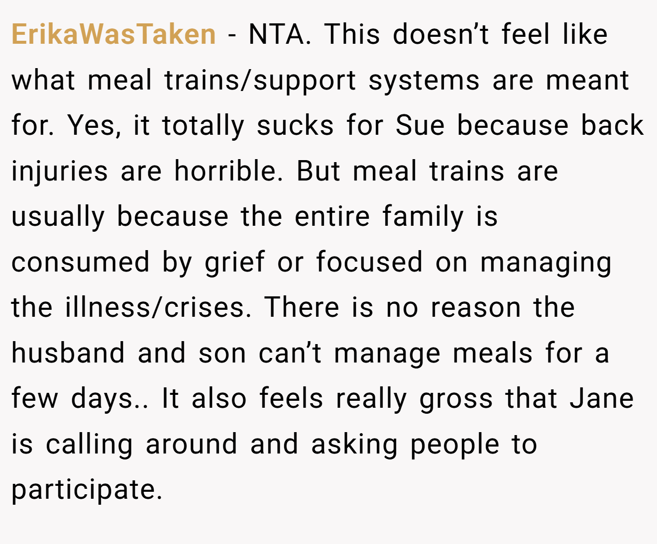 ErikaWasTaken − NTA. This doesn’t feel like what meal trains/support systems are meant for. Yes, it totally sucks for Sue because back injuries are horrible. But meal trains are usually because the entire family is consumed by grief or focused on managing the illness/crises. There is no reason the husband and son can’t manage meals for a few days.. It also feels really gross that Jane is calling around and asking people to participate.