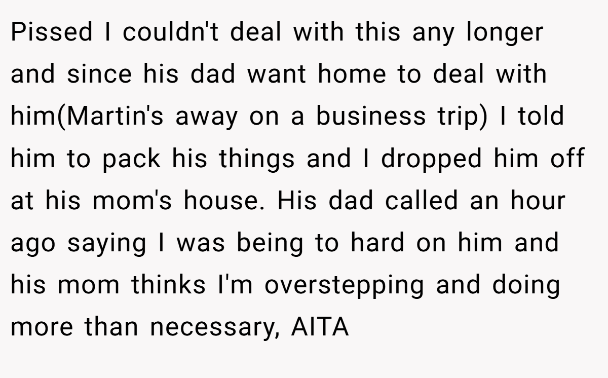 Pissed I couldn't deal with this any longer and since his dad want home to deal with him(Martin's away on a business trip) I told him to pack his things and I dropped him off at his mom's house. His dad called an hour ago saying I was being to hard on him and his mom thinks I'm overstepping and doing more than necessary, AITA
