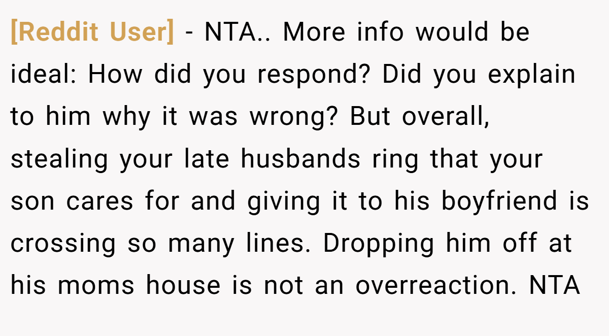 [Reddit User] − NTA.. More info would be ideal: How did you respond? Did you explain to him why it was wrong? But overall, stealing your late husbands ring that your son cares for and giving it to his boyfriend is crossing so many lines. Dropping him off at his moms house is not an overreaction. NTA