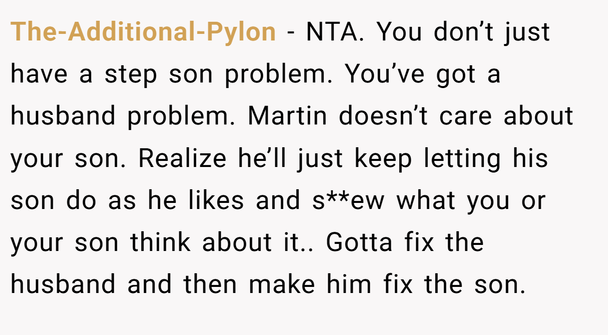 The-Additional-Pylon − NTA. You don’t just have a step son problem. You’ve got a husband problem. Martin doesn’t care about your son. Realize he’ll just keep letting his son do as he likes and s**ew what you or your son think about it.. Gotta fix the husband and then make him fix the son.