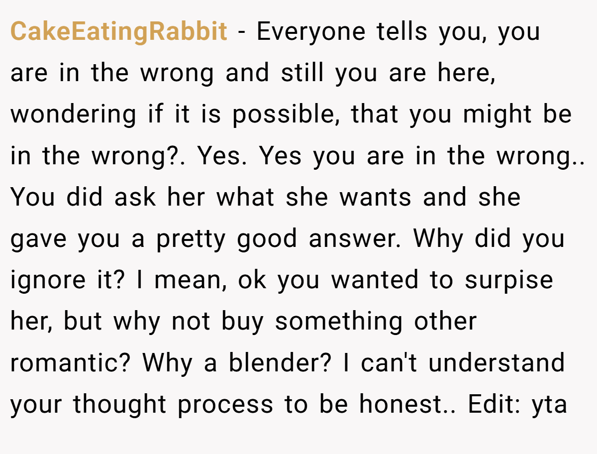 CakeEatingRabbit − Everyone tells you, you are in the wrong and still you are here, wondering if it is possible, that you might be in the wrong?. Yes. Yes you are in the wrong.. You did ask her what she wants and she gave you a pretty good answer. Why did you ignore it? I mean, ok you wanted to surpise her, but why not buy something other romantic? Why a blender? I can't understand your thought process to be honest.. Edit: yta